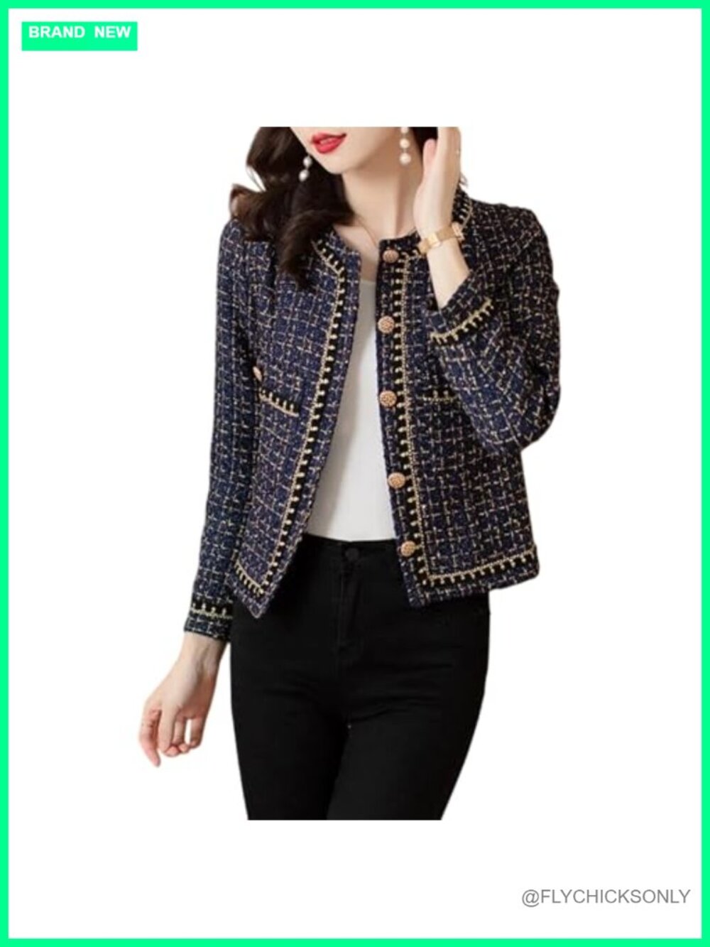 Elegant Tweed Blazer Jacket | Long Sleeve Collarless Business Casual Short Coat